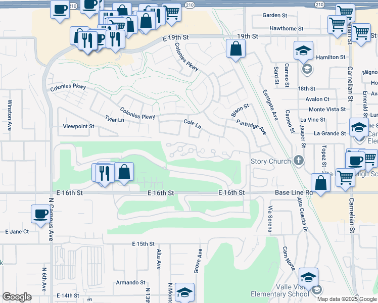 map of restaurants, bars, coffee shops, grocery stores, and more near 1501 Golf Club Drive in Upland