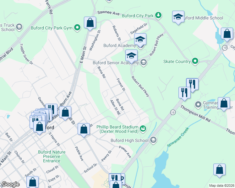 map of restaurants, bars, coffee shops, grocery stores, and more near 496 Bona Rd in Buford