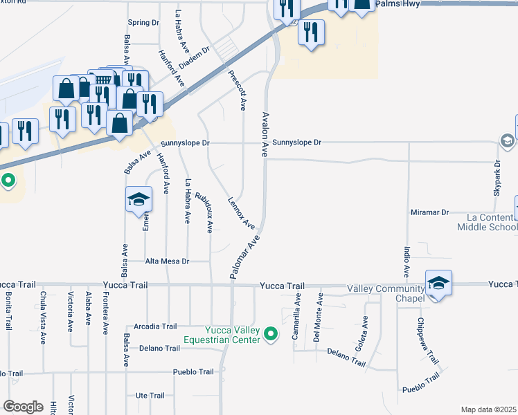 map of restaurants, bars, coffee shops, grocery stores, and more near 7082 Avalon Avenue in Yucca Valley