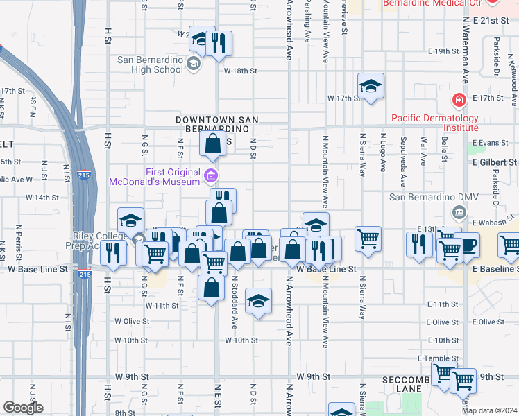 map of restaurants, bars, coffee shops, grocery stores, and more near in San Bernardino