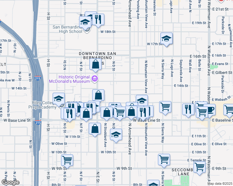 map of restaurants, bars, coffee shops, grocery stores, and more near 1343 North D Street in San Bernardino