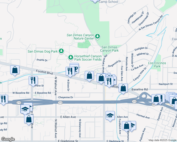 map of restaurants, bars, coffee shops, grocery stores, and more near 555 Canyon Hill Road in San Dimas