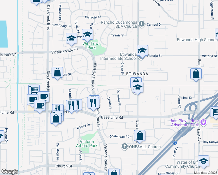 map of restaurants, bars, coffee shops, grocery stores, and more near 12708 Farrington Street in Rancho Cucamonga