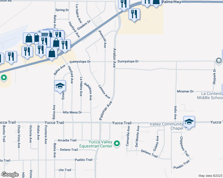 map of restaurants, bars, coffee shops, grocery stores, and more near 7082 Avalon Avenue in Yucca Valley