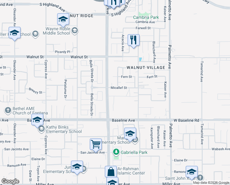 map of restaurants, bars, coffee shops, grocery stores, and more near 16964 Mountain View Avenue in Fontana