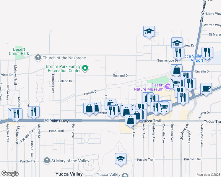 map of restaurants, bars, coffee shops, grocery stores, and more near Cassia Drive in Yucca Valley