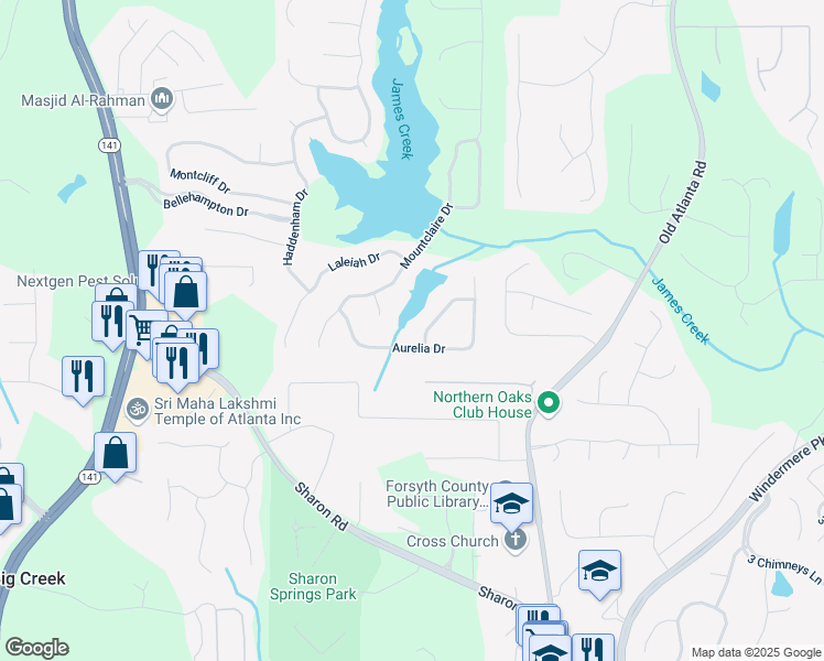 map of restaurants, bars, coffee shops, grocery stores, and more near 1425 Haberdam Trace in Cumming