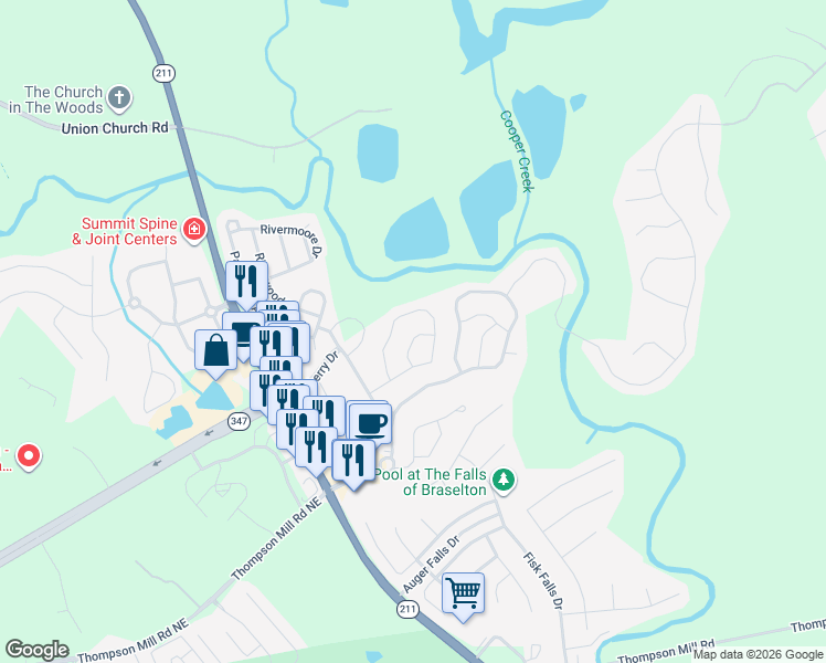 map of restaurants, bars, coffee shops, grocery stores, and more near 2770 Beech Tr in Braselton