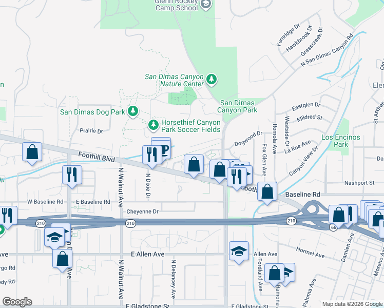 map of restaurants, bars, coffee shops, grocery stores, and more near 585 Canyon Hill Road in San Dimas