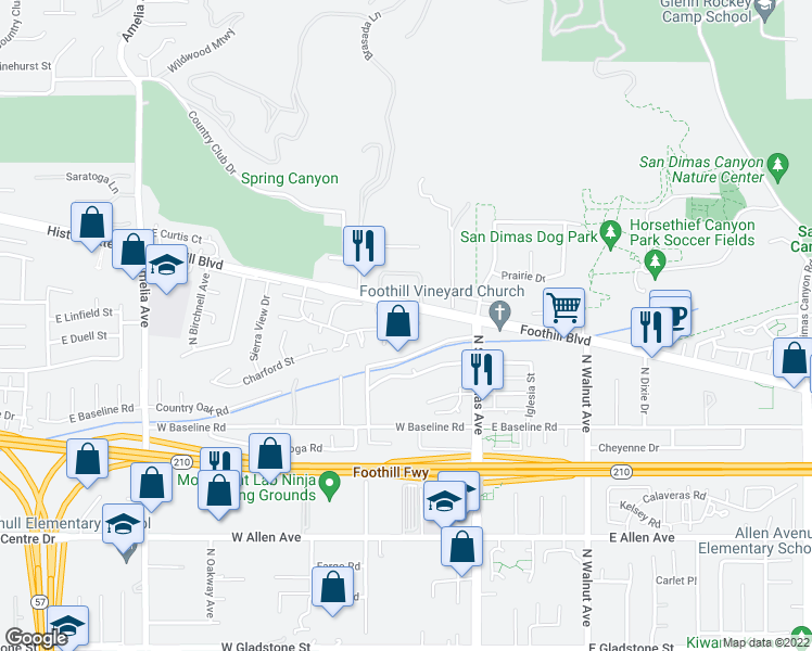 map of restaurants, bars, coffee shops, grocery stores, and more near 25 Woodglen Drive in San Dimas