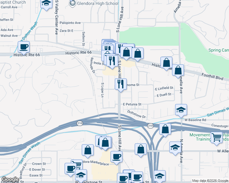 map of restaurants, bars, coffee shops, grocery stores, and more near 752 Cordelia Avenue in Glendora