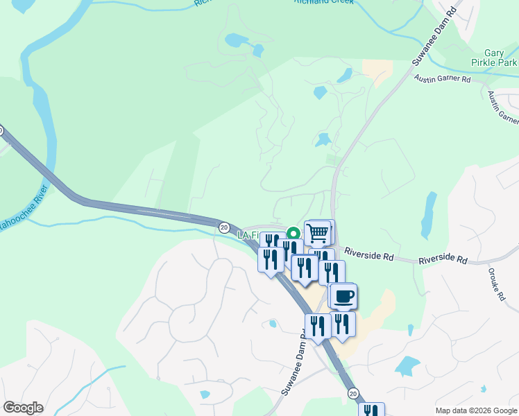 map of restaurants, bars, coffee shops, grocery stores, and more near 422 Riverside Road in Sugar Hill