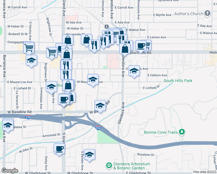 map of restaurants, bars, coffee shops, grocery stores, and more near 205 West Linfield Street in Glendora