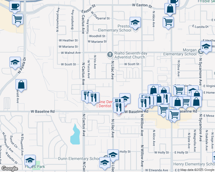 map of restaurants, bars, coffee shops, grocery stores, and more near 1364 North Park Avenue in Rialto