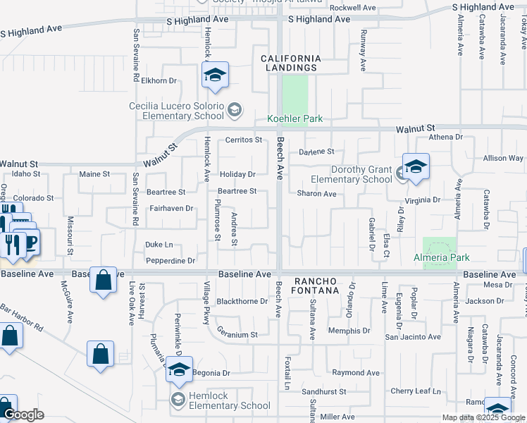 map of restaurants, bars, coffee shops, grocery stores, and more near 7148 Garden Oaks Street in Fontana