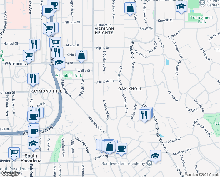 map of restaurants, bars, coffee shops, grocery stores, and more near 1230 South Oakland Avenue in Pasadena