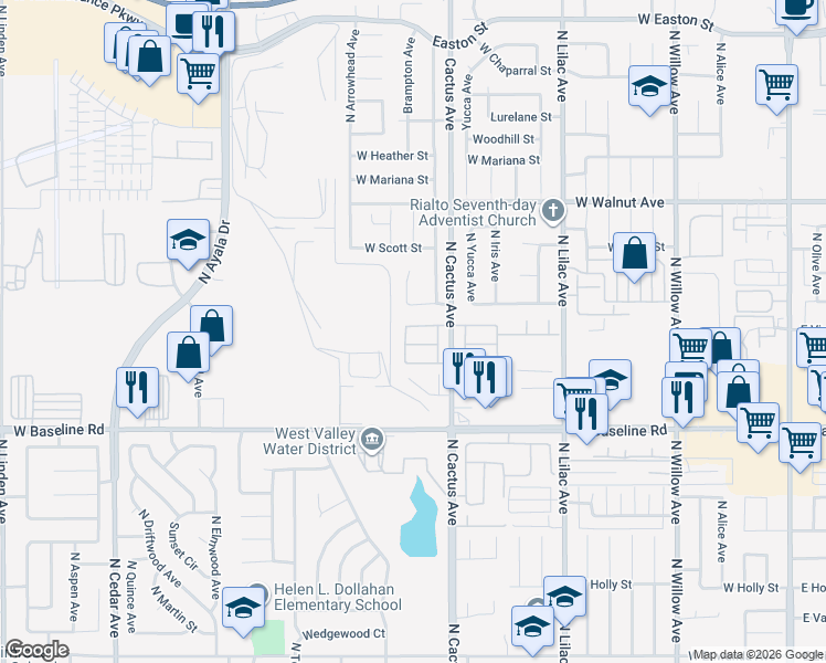 map of restaurants, bars, coffee shops, grocery stores, and more near 797 West Winchester Drive in Rialto