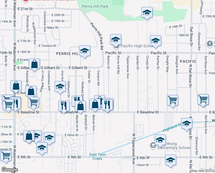 map of restaurants, bars, coffee shops, grocery stores, and more near 7122 Barton Street in San Bernardino