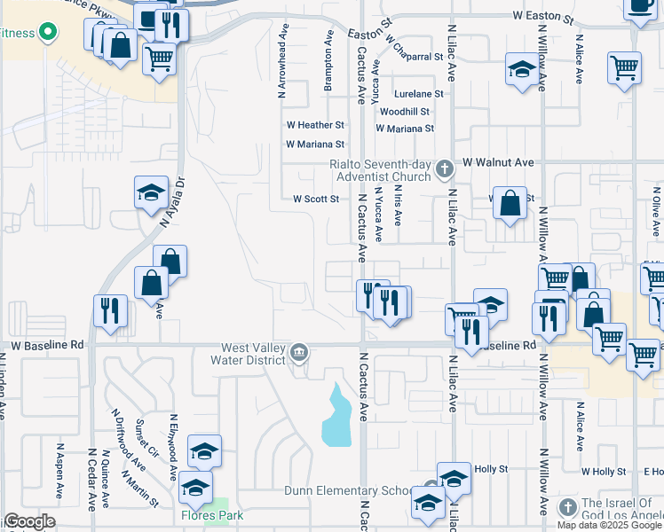 map of restaurants, bars, coffee shops, grocery stores, and more near 763 West Virginia Street in Rialto