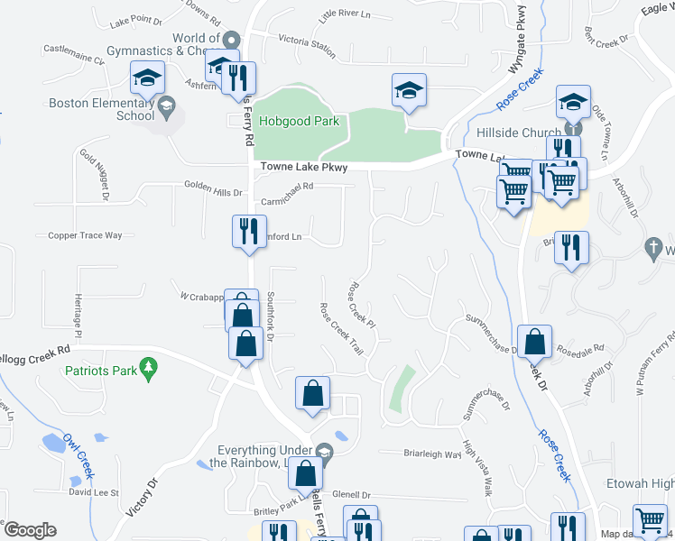 map of restaurants, bars, coffee shops, grocery stores, and more near 605 Rose Creek Cove in Woodstock