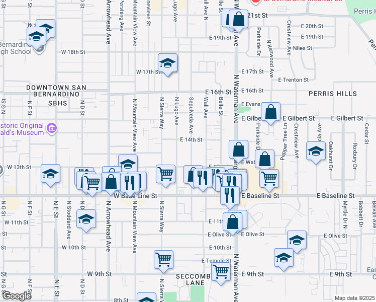 map of restaurants, bars, coffee shops, grocery stores, and more near 1387 North Lugo Avenue in San Bernardino
