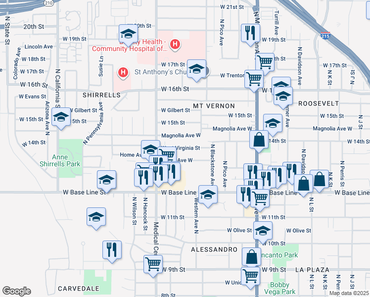 map of restaurants, bars, coffee shops, grocery stores, and more near 1525 Magnolia Avenue West in San Bernardino