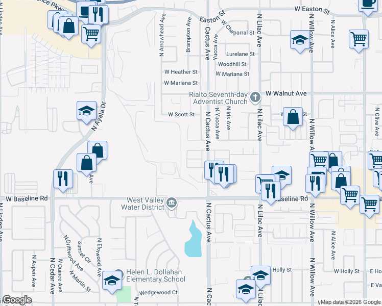 map of restaurants, bars, coffee shops, grocery stores, and more near 797 West Winchester Drive in Rialto
