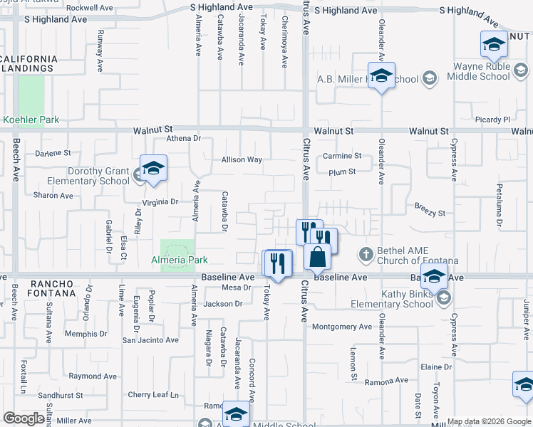 map of restaurants, bars, coffee shops, grocery stores, and more near 7090 Sgt Bryan Brewster in Fontana