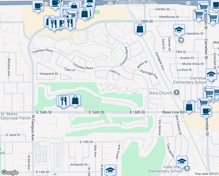 map of restaurants, bars, coffee shops, grocery stores, and more near 1400 Arthur Loop South in Upland