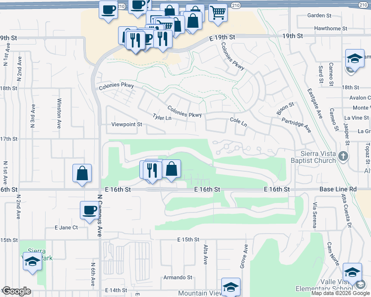 map of restaurants, bars, coffee shops, grocery stores, and more near 1254 Scenic View Street in Upland