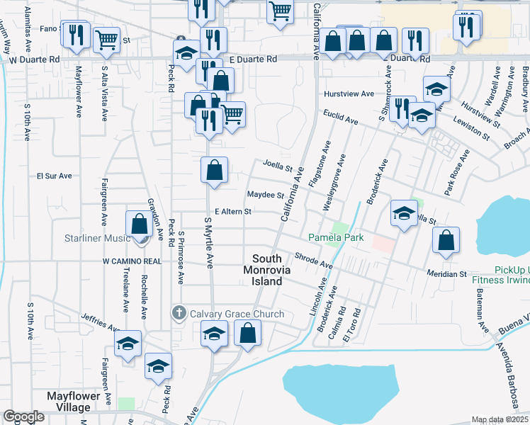 map of restaurants, bars, coffee shops, grocery stores, and more near 414 Maydee Street in Monrovia