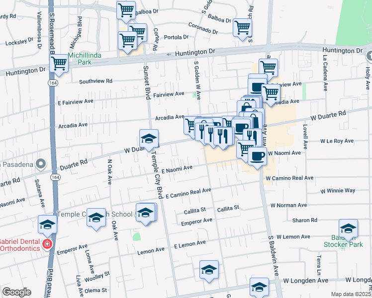 map of restaurants, bars, coffee shops, grocery stores, and more near 969 West Duarte Road in Arcadia
