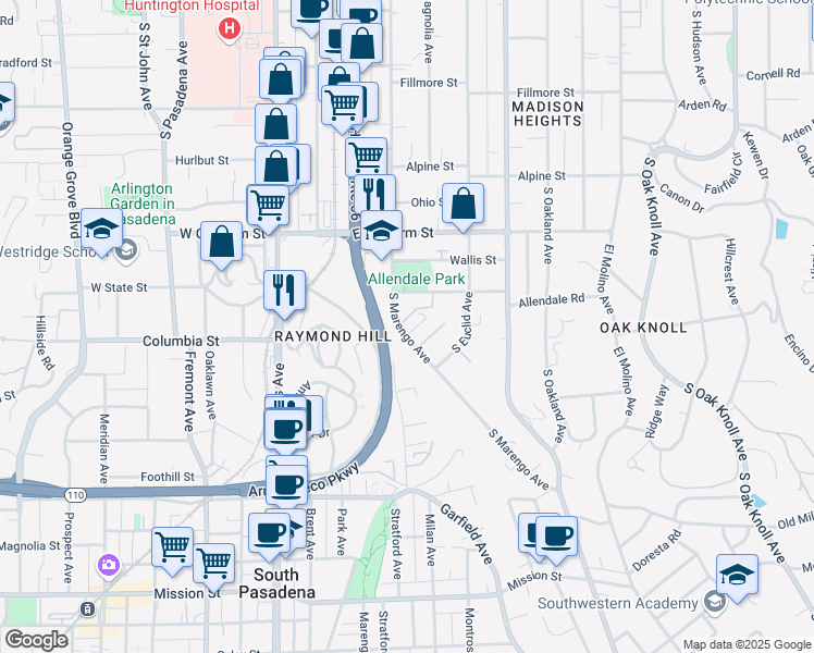 map of restaurants, bars, coffee shops, grocery stores, and more near South Marengo Avenue in Pasadena