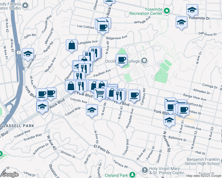 map of restaurants, bars, coffee shops, grocery stores, and more near 1562 North Avenue 46 in Los Angeles