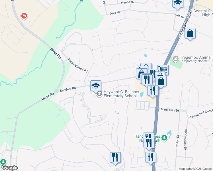 map of restaurants, bars, coffee shops, grocery stores, and more near 101 Sanders Road in Wilmington
