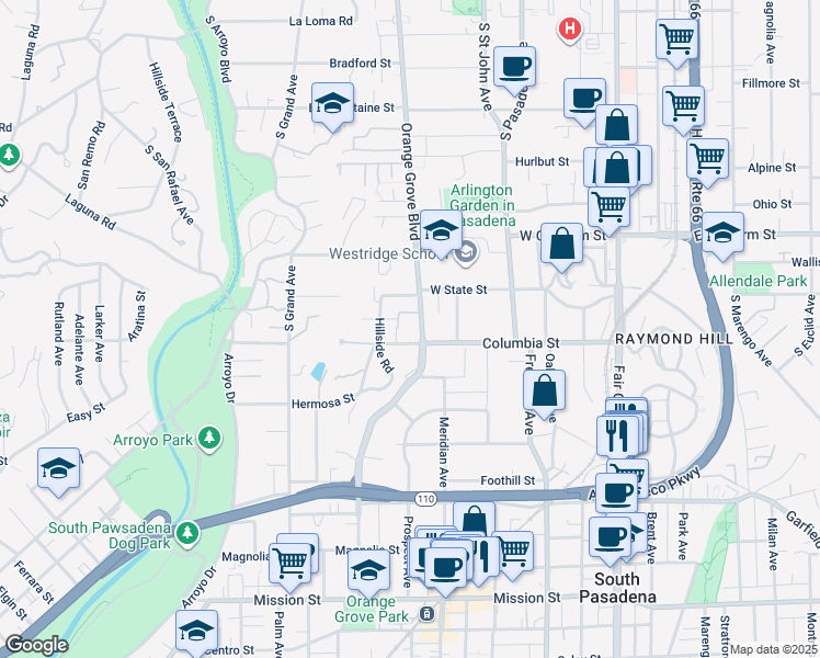 map of restaurants, bars, coffee shops, grocery stores, and more near 1255 South Orange Grove Boulevard in Pasadena