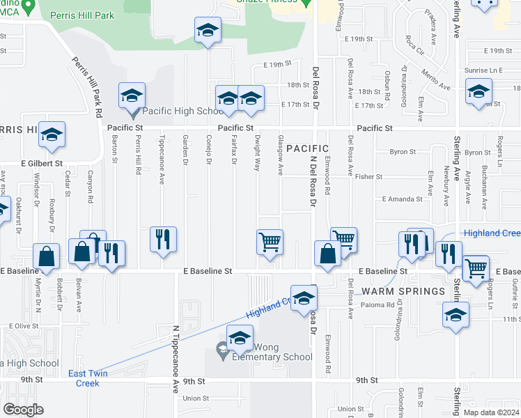 map of restaurants, bars, coffee shops, grocery stores, and more near 7135 Dwight Way in San Bernardino
