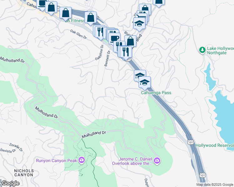 map of restaurants, bars, coffee shops, grocery stores, and more near 7141 Woodrow Wilson Drive in Los Angeles