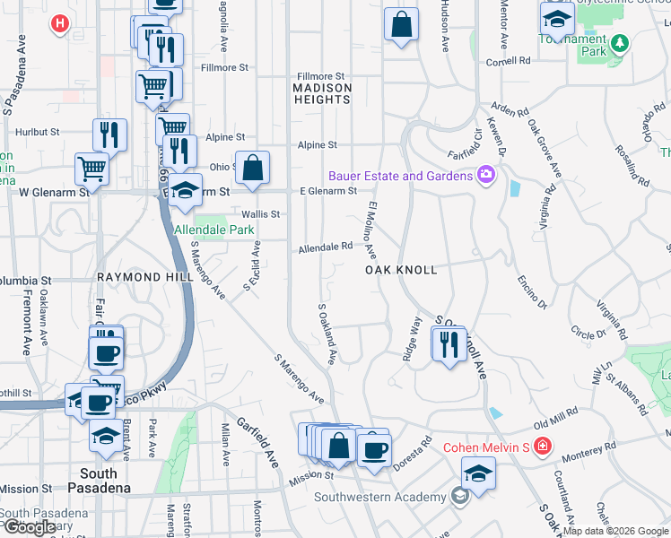 map of restaurants, bars, coffee shops, grocery stores, and more near 1230 South Oakland Avenue in Pasadena
