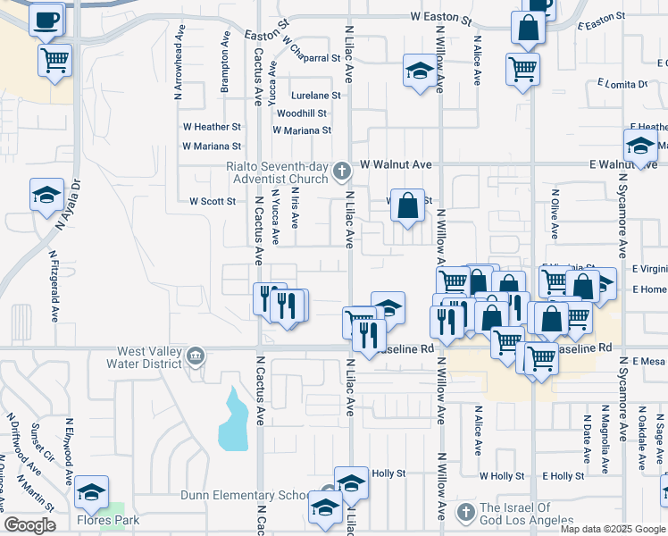 map of restaurants, bars, coffee shops, grocery stores, and more near 1364 North Park Avenue in Rialto