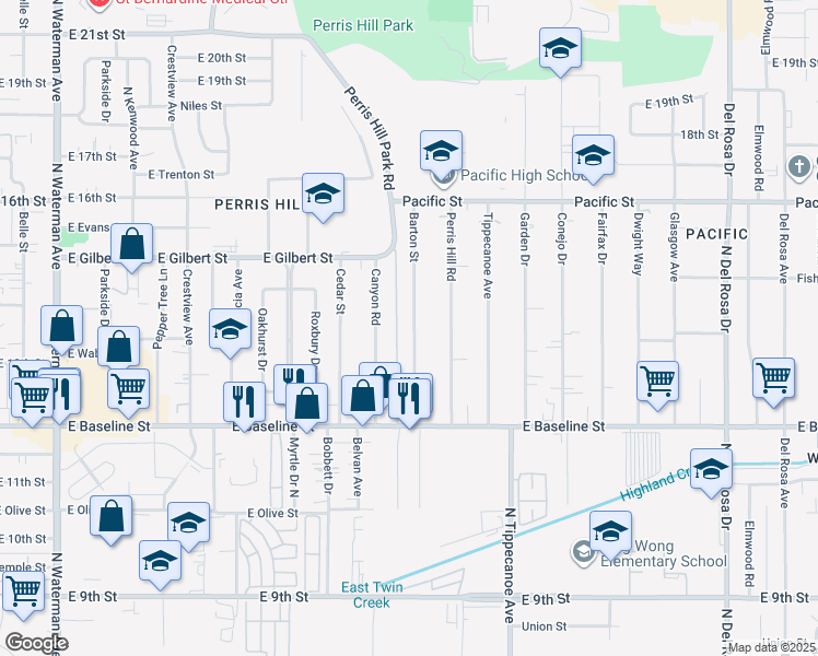 map of restaurants, bars, coffee shops, grocery stores, and more near 7122 Barton Street in San Bernardino