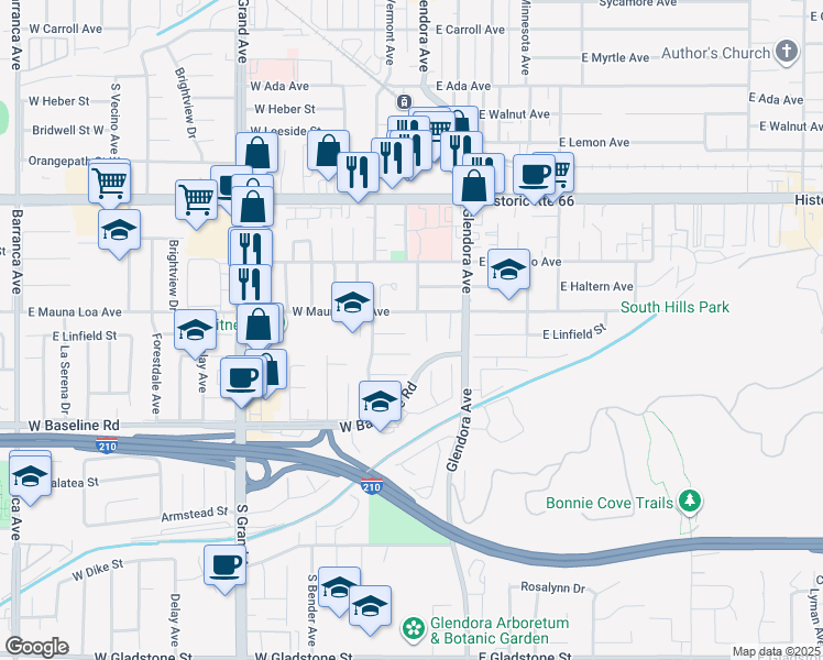 map of restaurants, bars, coffee shops, grocery stores, and more near 205 West Linfield Street in Glendora