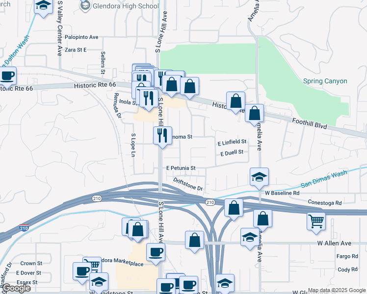map of restaurants, bars, coffee shops, grocery stores, and more near 830 Tressy Avenue in Glendora