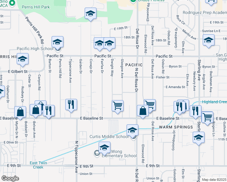 map of restaurants, bars, coffee shops, grocery stores, and more near 7135 Dwight Way in San Bernardino