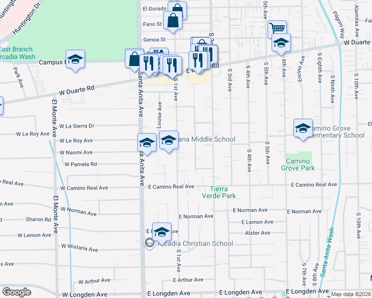 map of restaurants, bars, coffee shops, grocery stores, and more near 111 Altern Street in Arcadia
