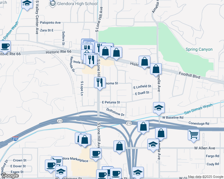 map of restaurants, bars, coffee shops, grocery stores, and more near 830 Tressy Avenue in Glendora