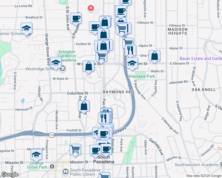 map of restaurants, bars, coffee shops, grocery stores, and more near 2 Mockingbird Lane in South Pasadena