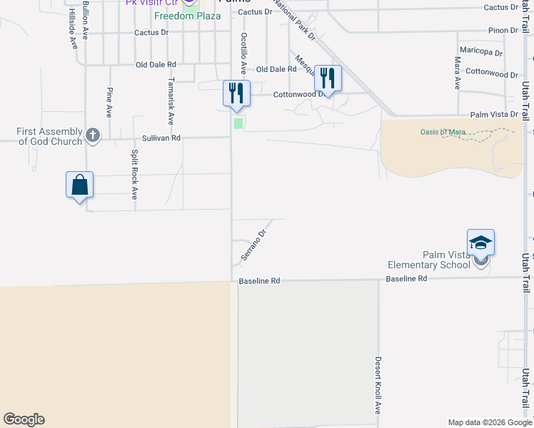 map of restaurants, bars, coffee shops, grocery stores, and more near 73794 Foothill Drive in Twentynine Palms