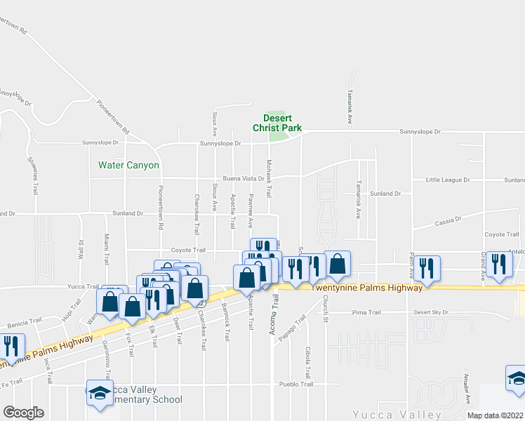 map of restaurants, bars, coffee shops, grocery stores, and more near 7092 Mohawk Trail in Yucca Valley