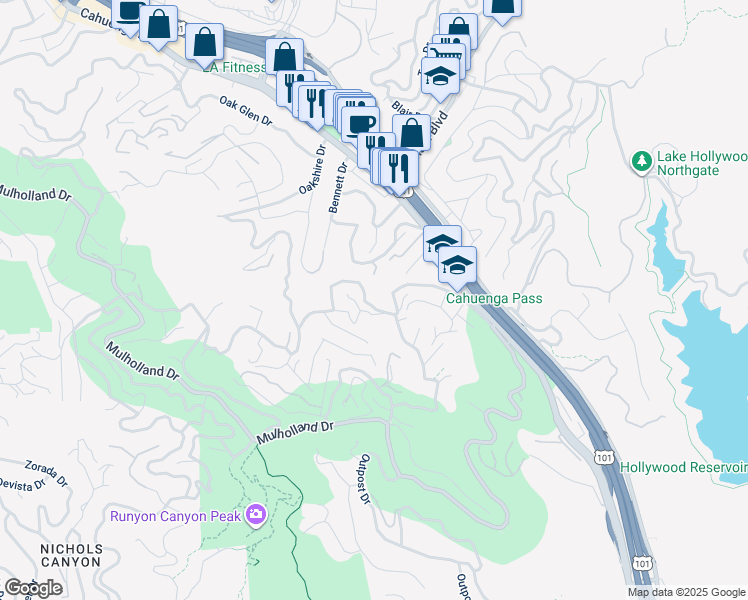 map of restaurants, bars, coffee shops, grocery stores, and more near 7141 Woodrow Wilson Drive in Los Angeles